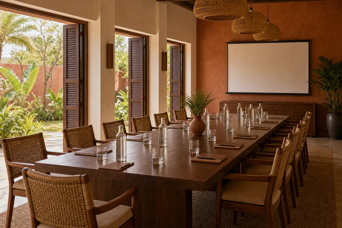Visuel d’ambiance : salle de réunion dressée pour un comité de direction, longue table en bois sombre