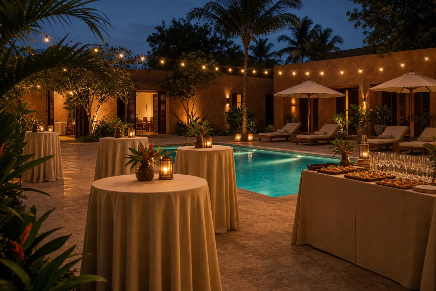 Visuel d’ambiance : réception du soir au bord de la piscine, mange-debout et buffet