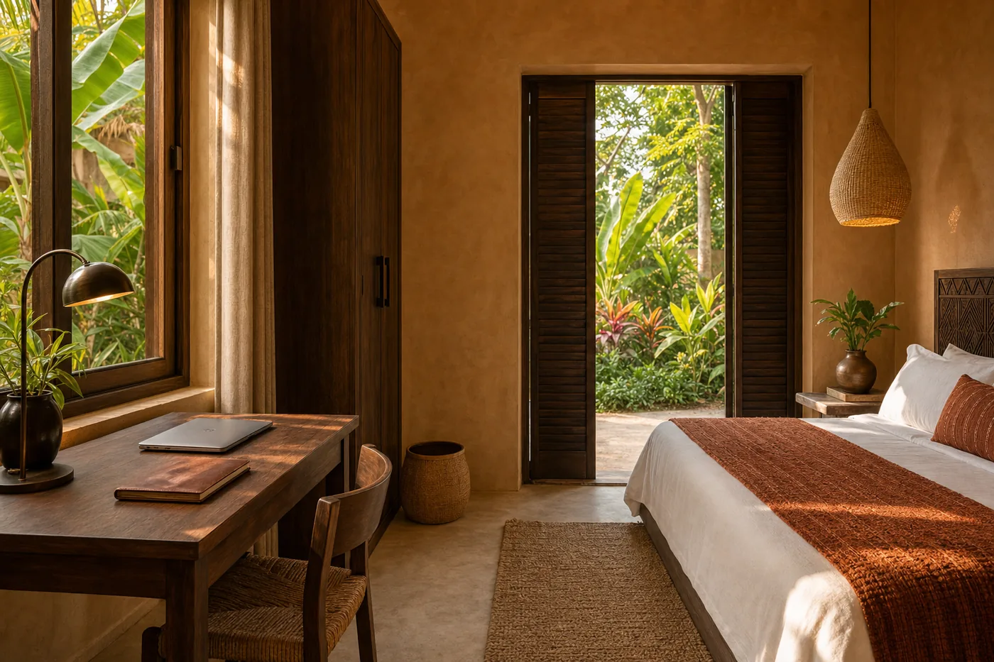 Visuel d’ambiance : bureau en bois face au jardin dans une chambre, ordinateur et carnet