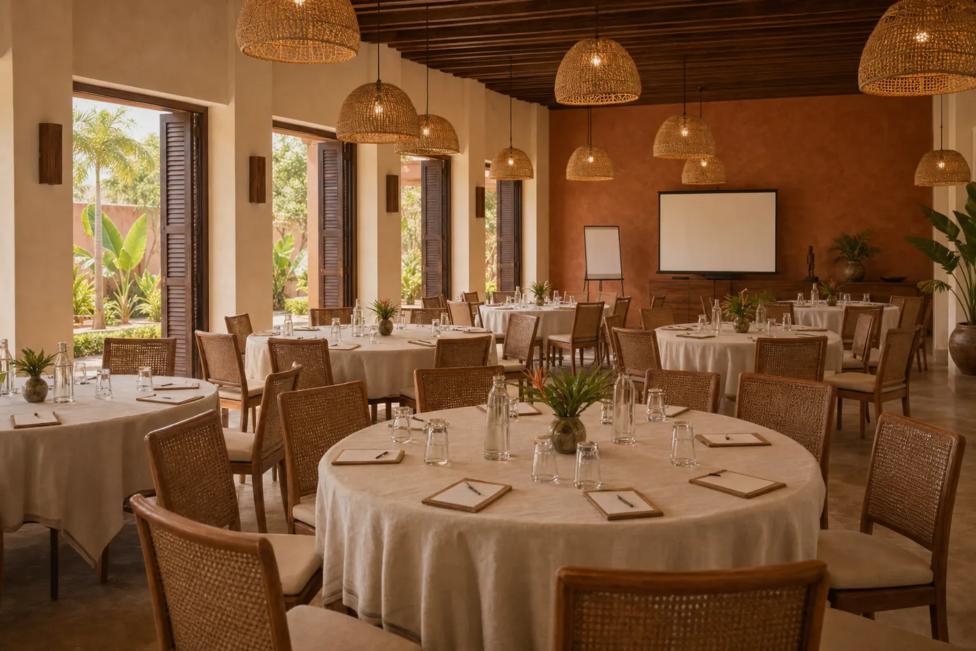 Visuel d’ambiance : salle de conférence en tables rondes, blocs-notes et carafes d’eau