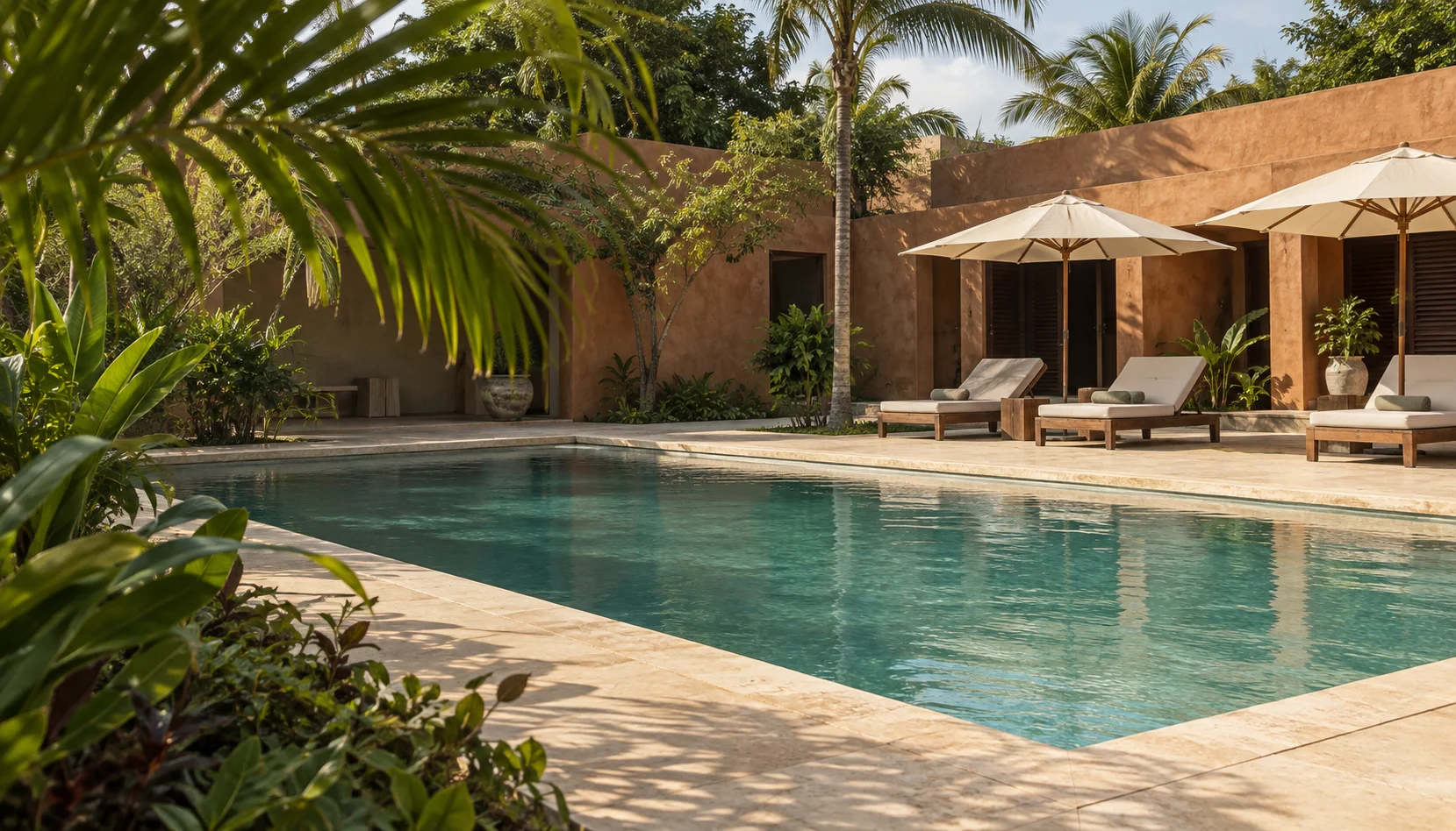 Évocation de la piscine Tibi-Libi, eau claire et jardin tropical