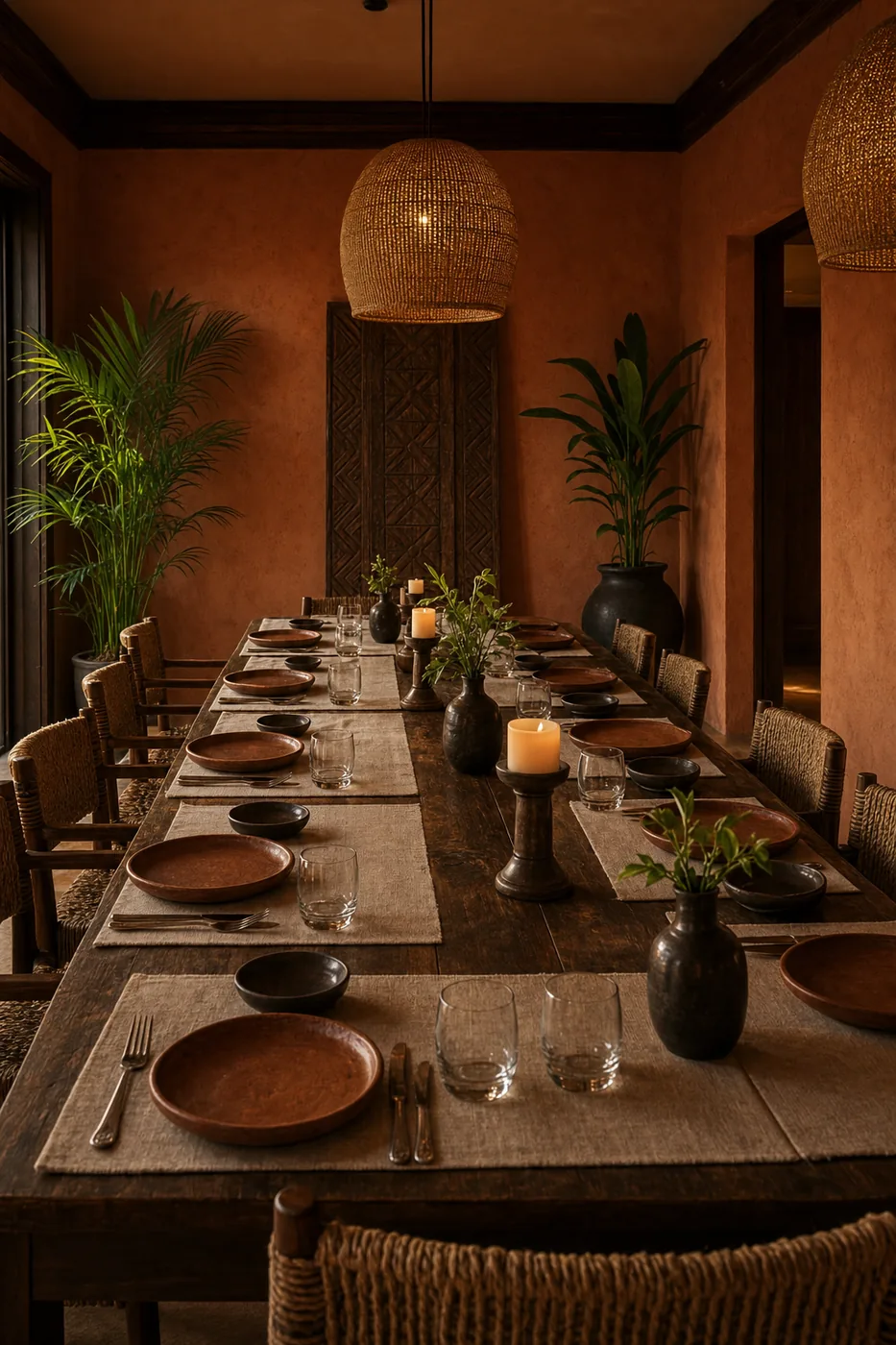 Visuel d’ambiance : la petite salle, une longue table dressée aux bougies entre murs ocre